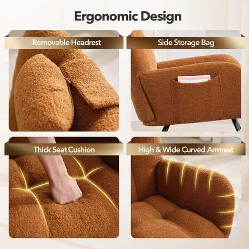 Vista 5 de Mecedora deslizadora tapizada con patas de madera para sala de estar, dormitorio, cuarto de bebé, incluye bolsillos laterales