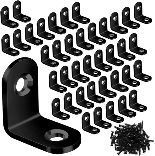 FATLODA 40 soportes en L, soporte de esquina negro de metal, junta de acero inoxidable en ángulo recto para silla de madera, estantería, muebles con