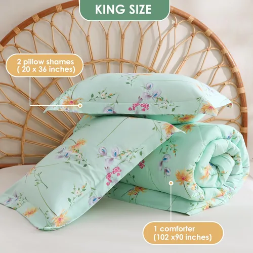 Vista 2 de JSD - Juego de edredón con flores verdes tamaño King de 3 piezas, edredón de microfibra botánica con relleno alternativo y fundas para almohadas