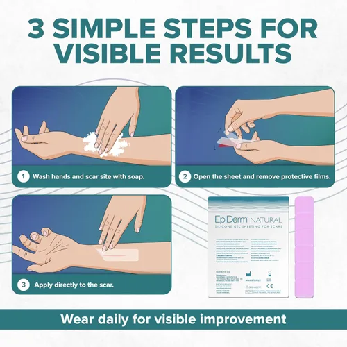 Vista 8 de Epi-Derm Epi-Tabs - 1.25 x 1.25 pulgadas - (30) (cuadrados transparentes) Hojas de silicona para cicatrices de Biodermis