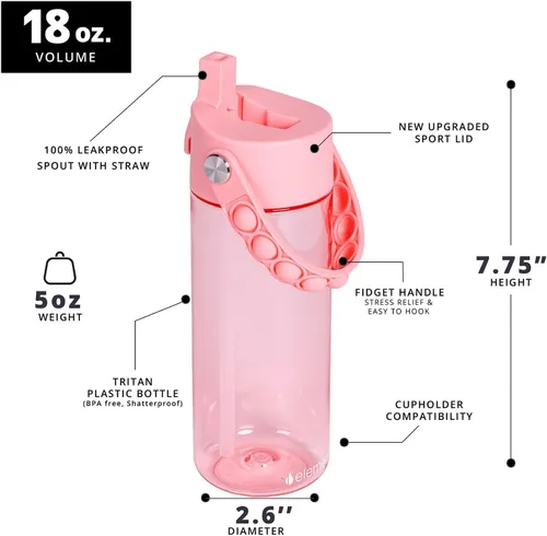 Vista 235 de Elemental Botellas de agua para niños – Botella de agua para niños Splash para la escuela con mango Pop-it – Botella de agua de plástico Tritan sin