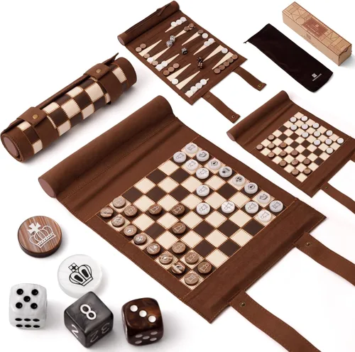 Vista 10 de Woodronic Juego de damas de backgammon de ajedrez de viaje 3 en 1, juego de backgammon de cuero enrollable con 32 piezas de perlas premium y 5