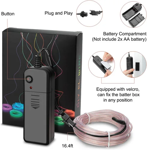 Vista 6 de Cable EL, 3 modos de cable de luz de neón moldeable, cuerda de luz de tubo de neón de 16.4 pies para fiestas, disfraces, Halloween, Navidad