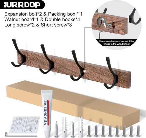 Vista 2 de Perchero de Pared de Madera de Nogal de 17 Pulgadas con 4 Ganchos Dobles Negros, Ganchos de Entrada Montados con Adhesivo, Clavijas de Madera
