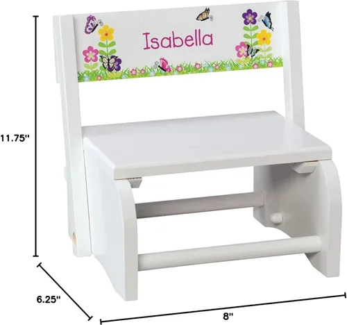 Vista 6 de Fox Valley Traders Taburete Infantil Personalizado 2 en 1 y Silla, Madera Blanca, Diseño de Mariposas y Flores con Nombre Personalizado