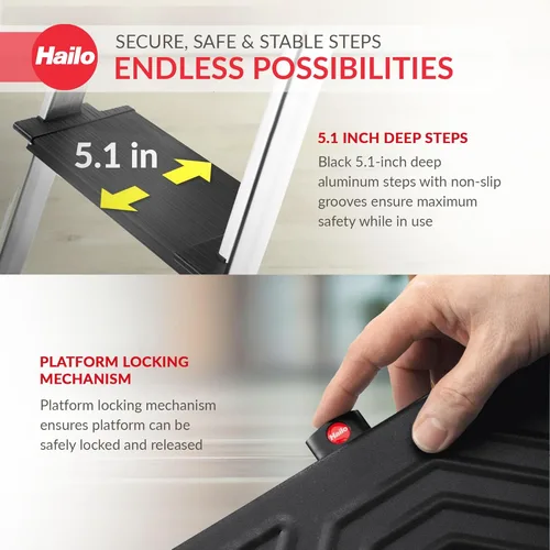 Vista 4 de Hailo L100 Topline - Escalera de aluminio de 4 escalones, carga de 330 libras, altura de 112.2 pulgadas, barra de seguridad extensible, plataforma