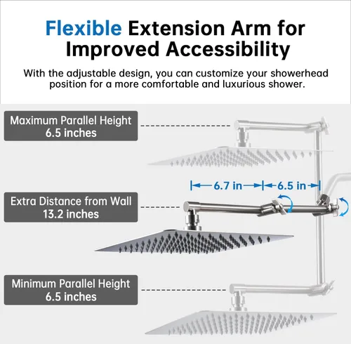 Vista 3 de G-Promise Cabezal de ducha de metal de 10 pulgadas con combo de rociador de mano, desviador de 3 ajustes, brazo de extensión ajustable con juntas