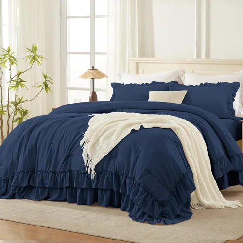 Vista 25 de Andency - Juego de edredón beige tamaño matrimonial, 3 piezas, estilo shabby chic, con volantes, edredón suave, ligero y esponjoso, de microfibra