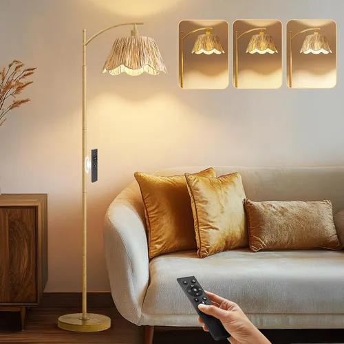 Vista 23 de Oneach Lámpara de pie arqueada para sala de estar, lámpara de pie de ratán boho con pantalla tejida a mano, interruptor a pedal, base y poste de Oro