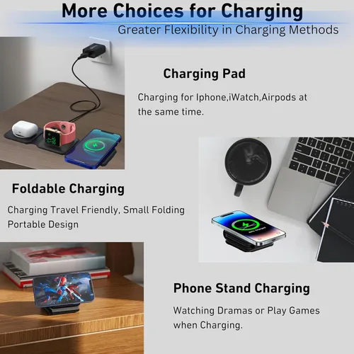 Vista 4 de 3 in 1 Charging Station, Magnetic Charger for Apple Multiple Devices, Foldable Travel Wireless Charger 15W for iPhone 15 14 13 12 Pro Max Plus for