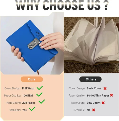 Vista 3 de ARRLSDB Lock Diary Leather Journal Writing Notebook Planner Organizer Digital Password Notebook Locking Personal Diary (Blue)