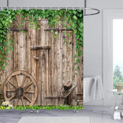 Vista 23 de Cortina de ducha de puerta de granero rústica de tamaño pequeño para baño, juegos de cortinas de decoración de baño de tablones de madera retro