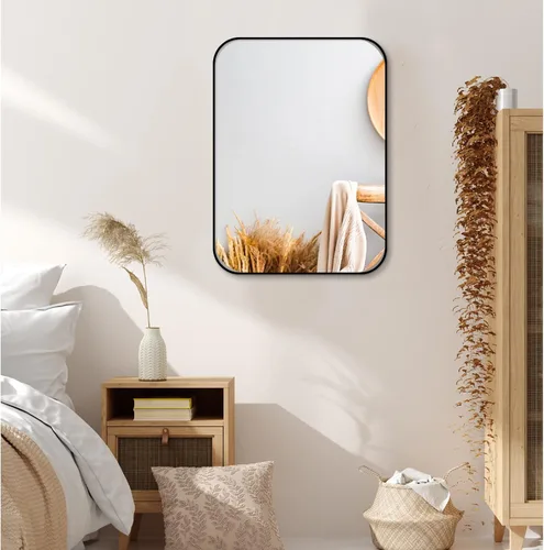 Vista 6 de Espejos de baño negros modernos para pared, 22 x 30 pulgadas, espejo rectangular con esquina redondeada, espejo negro de metal para colgar vertical