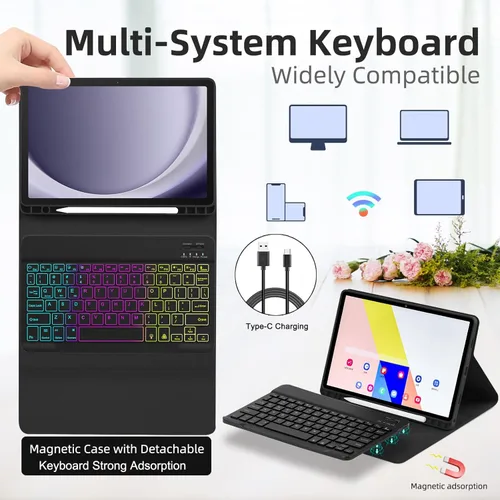 Vista 6 de Funda EAMPANG con teclado ratón para Samsung Galaxy Tab A9 Plus de 11 pulgadas (SM-X210/X215/X216/X218), teclado magnético desmontable USB-C