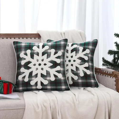 All Smiles Juego de 2 fundas de almohada navideñas para exteriores de 16 x 16 pulgadas, adornos bordados de copos de nieve, decoración de invierno