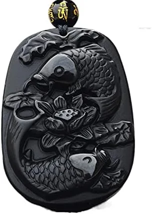 Vista 4 de Colgante de amuleto de obsidiana natural de Piscis con cadena ajustable de cuentas para Wen o mujeres