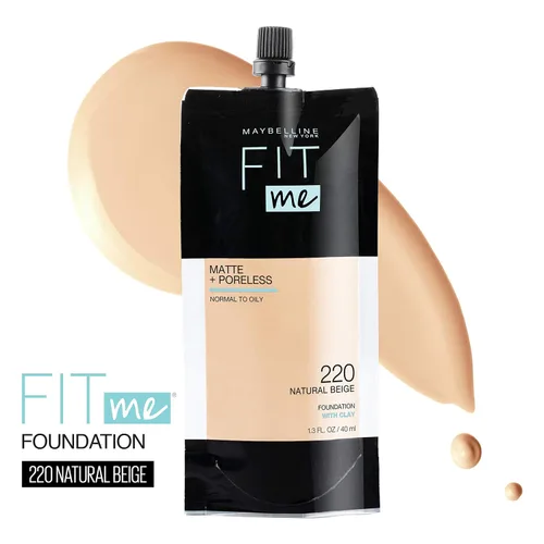 Vista 2 de Maybelline New York Fit Me Matte + Poreless Base Líquida, Formato de Bolsa, 220 Natural Beige, 1.3 onzas 220 Beige natural