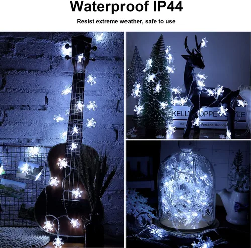 Vista 4 de Guirnalda de luces solares de copo de nieve, 50 LED de 23 pies, 8 modos, impermeable, funciona con energía solar, guirnalda de luces para patio