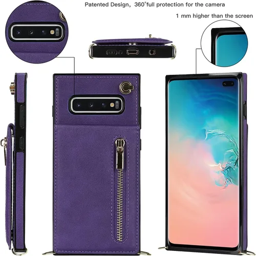 Vista 3 de Funda para teléfono Samsung Galaxy S10 Plus con correa cruzada, tarjetero de cuero, con cordón, ranuras de crédito, cierre magnético, accesorios