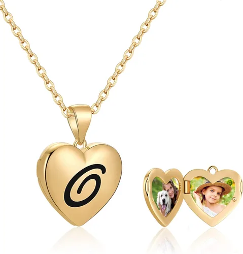 IEFWELL - Collares con medallón de letra inicial para fotos, chapado en oro de 14 quilates, para mujeres y niñas