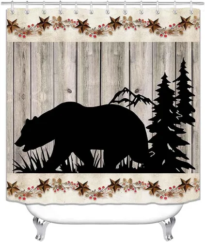 Vista 129 de Camille&Andrew - Juego de 4 cortinas de ducha de tela de ciervo rústico negro, alce, alce, pino, luna, casa de campo, panel rústico, tablero