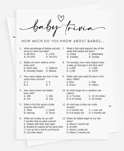 Todo conectado juego de trivia para bebés (50 tarjetas) divertido juego de baby shower, actividad de género neutral para niño o niña