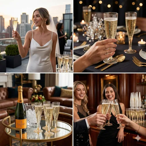 Vista 2 de 30 copas de champán desechables, vasos de plástico con purpurina dorada de 4.5 onzas para fiestas, elegantes vasos de tostado, perfectos para bodas