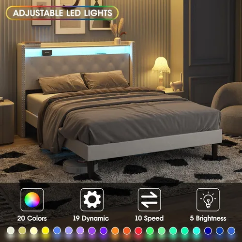 Vista 4 de Vabches Base de cama de tamaño matrimonial con cabecera LED, plataforma tapizada de terciopelo con luces y estación de carga, cabecera