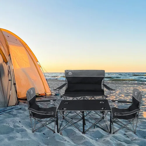 Vista 2 de Juego de 4 sillas de campamento de gran tamaño con mesa, silla de césped plegable para exteriores, soporte para tazas, portátil, silla de sofá