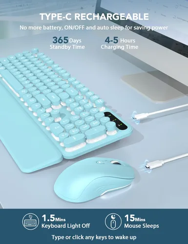 Vista 5 de Combo de teclado y mouse inalámbricos con retroiluminación - Teclado estilo máquina de escribir con teclas redondas retro, reposa muñeca