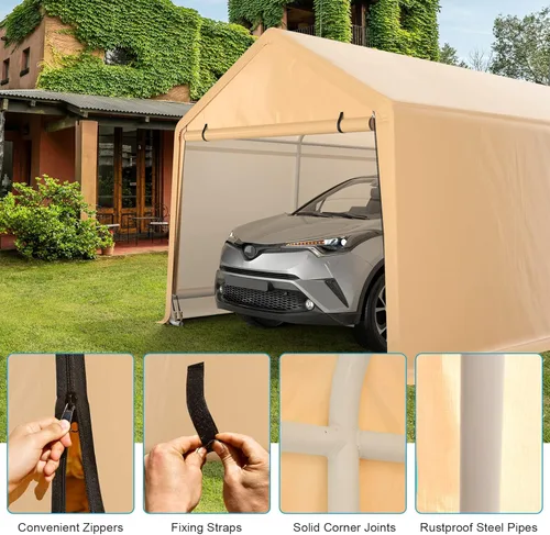 Vista 6 de Tangkula Cochera resistente de 10.5 x 17 pies, garaje portátil con puerta delantera enrollable, puerto de metal para automóvil con correas