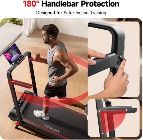Vista 2 de RHYTHM FUN Cinta de correr con inclinación, almohadilla para caminar con barra de mango, almohadilla para caminar de 300 libras con aplicación