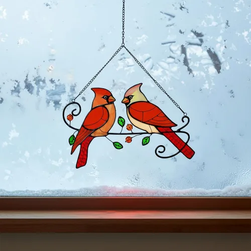 Vista 6 de Colgante de Ventana de Vidrio Emplomado con Pájaro Cardenal, Panel Interior Atrapasoles, Decoración Náutica Atrapasoles para Hogar, Pared, Jardín