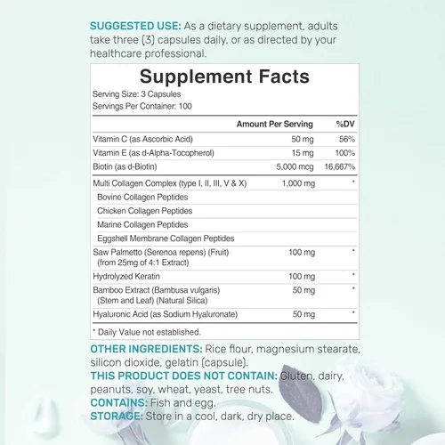 Vista 2 de Píldoras de colágeno múltiple con vitamina C, E y biotina, 300 cápsulas - Péptidos de colágeno hidrolizados - Fórmula 11 en 1 con palma enana