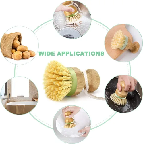 Vista 6 de Cepillo de bambú para platos, ollas, sartenes, fregadero de cocina, limpieza de sartén de hierro fundido, paquete de 2