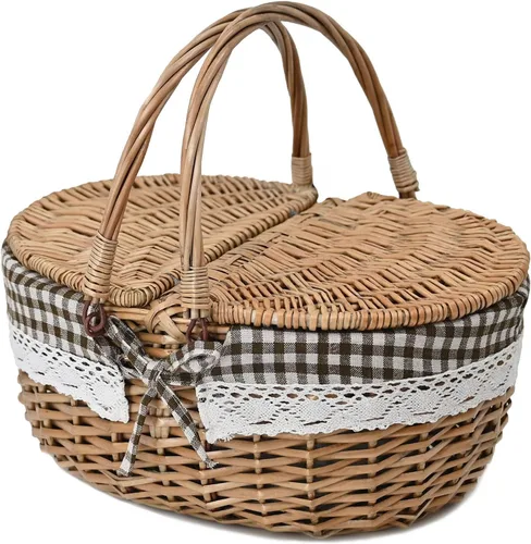 Vista 10 de Cesta de picnic de mimbre con tapa y asa, cuerpo tejido resistente con forro lavable, rayas azules