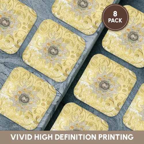 Vista 7 de Juego de 4 posavasos para azulejos de cerámica, imagen de camafeo en oro, diseño de flora de encaje amarillo