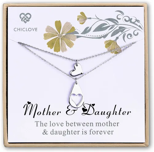 CHICLOVE Conjuntos de joyería para dos hijas, collares de corazón, 2 collares de plata de ley