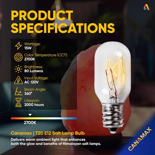 Vista 3 de Canamax T20 E12 - Bombilla de sal de 120 V 15 W, luz blanca cálida 2700 K, 80 lm, base de candelabro E12, compatible con lámparas y cestas de roca