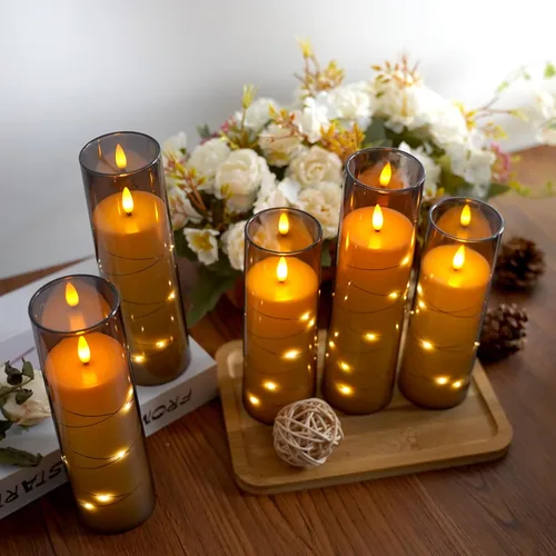 Vista 4 de Velas sin llama, con cadena de estrellas incorporada, velas LED parpadeantes que funcionan con pilas, velas de pilar con control remoto