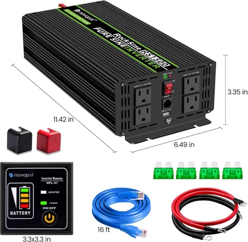 Vista 9 de Novopal Inversor de onda sinusoidal pura de 1500 W, convertidor de potencia de coche de 12 V CC a 110 V/120 V CA, inversor de corriente DC-AC con 4