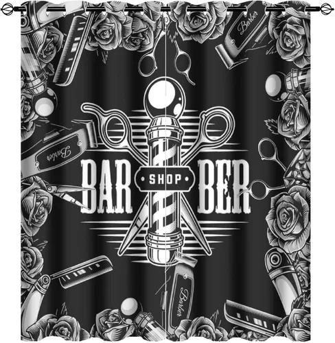 Vista 44 de Cortinas abstractas de peluquería para dormitorio, barbería elegante con herramientas de peluquería, aislamiento térmico, oscurecimiento