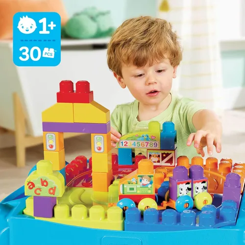 Vista 2 de MEGA BLOKS First Builders - Juguetes de bloques para niños pequeños, mesa de actividad portátil "Construye y Aprende" con 30 piezas y almacenamiento
