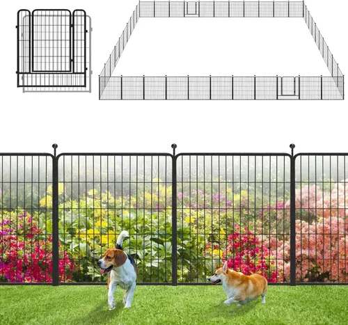 Vista 11 de Valla de Jardín con Puerta Cercado de Metal para Patio, 32 pulgadas x 23 pies 10 Paneles de Valla Sin Excavación Paneles de Valla Temporal