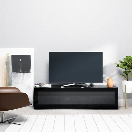Vista 14 de SONOROUS ST-160 - Soporte de TV premium con cubierta de vidrio negro y madera blanca, centro de entretenimiento de lujo y consola multimedia
