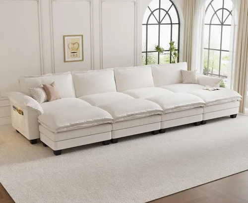 Vista 41 de KKL Sofá cama modular seccional, sofá de nube de 4 plazas con otomana, sofás seccionales de felpilla para sala de estar, apartamento, beige