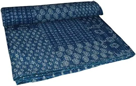 Vista 2 de YUVANCRAFTS Colcha india hecha a mano Kantha tradicional multicolor Kantha manta colcha Gudari colcha (retazos azules)