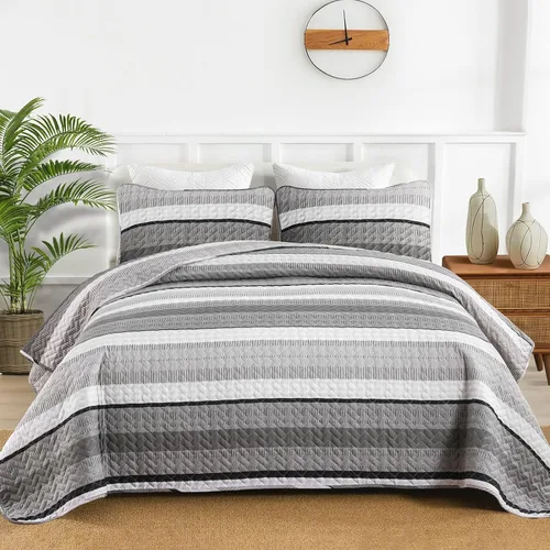 Vista 19 de DJY Juego de edredón a rayas tamaño Queen, juego de colcha bohemia verde salvia de 3 piezas, juego de ropa de cama acolchada de microfibra suave