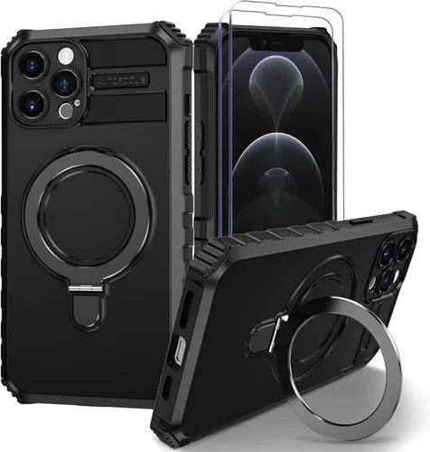 Vista 21 de Funda magnética para iPhone 11 [compatible con MagSafe] con 2 protectores de pantalla de vidrio templado con soporte de anillo, grado militar