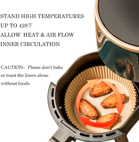 Vista 5 de 100 forros redondos de papel para freidora de aire de 8 pulgadas, grandes forros de papel pergamino desechables para cesta de freidora de aire, 5-7
